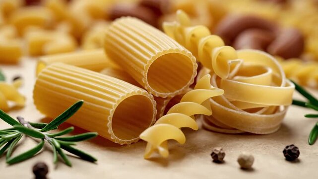 A seamless pasta pattern with fusilli, gobetti, rigatoni and capellini, craft-paper sketch texture and warm Italian kitchen heritage mood, ultra-realistic, no logos.
