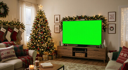 Obraz premium Cozy living room with festive Christmas tree. Glowing green screen dominates center of space. Wall decorations include wreaths and framed art. Candles, stockings, and plush blankets add warmth