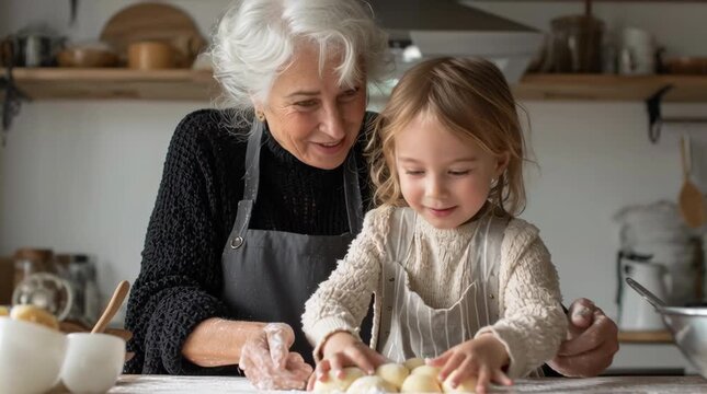 Grandmother baking cookies with granddaughter in cozy kitchen capturing family bonding, generational connection, home cooking traditions and warm emotional lifestyle