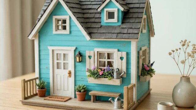 A tiny turquoise house model with charming details, clean minimal setting, soft pastel light, playful architectural mood, ultra-realistic, no logos.