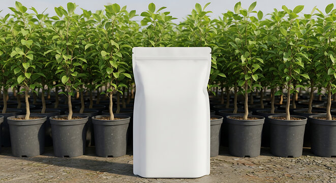 Blank white bag for fertilizer or plant food centered in front of a nursery of young trees, agricultural product packaging mockup