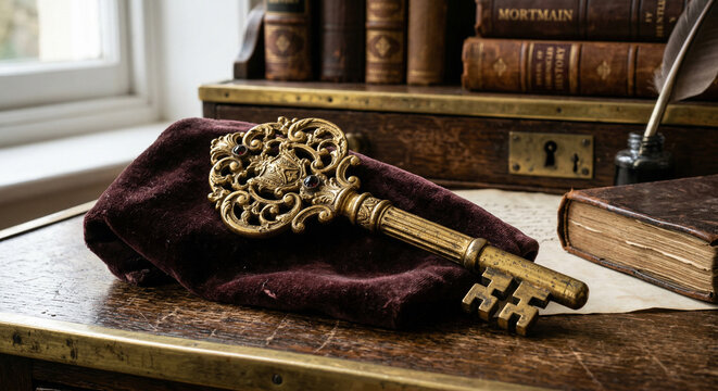 A vintage brass key rests on a purple velvet cushion placed atop an old leather-bound book.