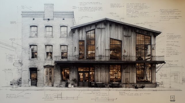 Blending brick and wooden siding facades, an architectural blueprint presenting urban redevelopment plans for a mixed use building, outlining the design process