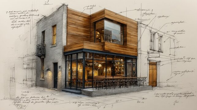Architectural rendering integrating a modern mixed use building concept with a traditional facade. Featuring wood paneling. Large windows