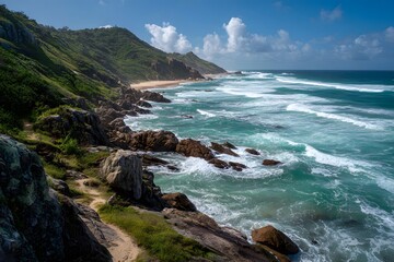 Fototapeta premium Brazilian coastal landscape featuring rocky shoreline, turquoise waves crashing against boulders, lush green hills in the background under bright daylight with scattered clouds