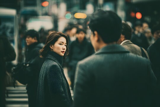 Asian woman in dark coat gazes back at a man while crossing a busy street in Seoul, with blurred pedestrians and traffic lights in the background