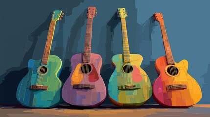 Naklejka premium Artful illustration of a guitar in a funky grunge style, featuring bold paint textures, vibrant colors, and expressive artistic energy.