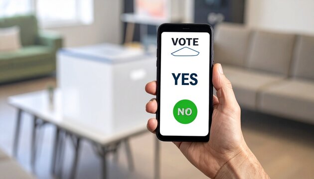 Hand Holding Smartphone with Online Voting App Showing Yes or No Options and Green Checkbox Representing Digital Balloting and Mobile Feedback