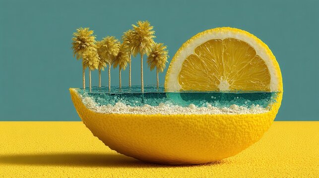 Lemon slice transforming into a tropical beach island with palm trees and ocean waves, creating a surreal summer travel vacation concept on a vivid yellow surface