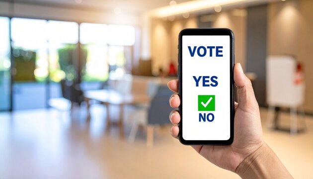 Hand Holding Smartphone with Online Voting App Showing Yes or No Options and Green Checkbox Representing Digital Balloting and Mobile Feedback