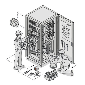 Server Room Maintenance - Technicians Servicing a Data Center Rack.