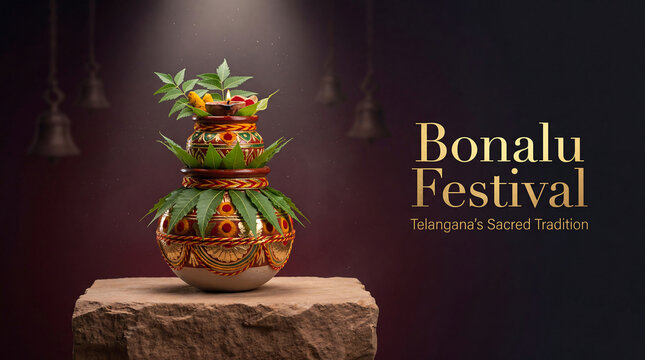 A vibrant Telangana festival honoring Goddess Mahakali with decorated Bonam offerings, neem leaves, and temple rituals symbolizing devotion, protection, and gratitude.
