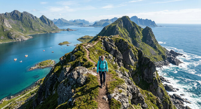 A person hiking along a narrow path on the summit of a rugged mountain peak overlooking the ocean.