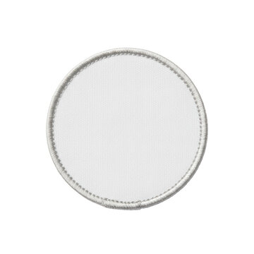 Circular white fabric patch with a textured canvas surface and a detailed silver-grey embroidered merrowed edge on a seamless minimalist white background clean design
