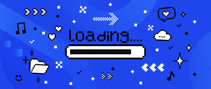 Pixel art loading screen with progress bar and retro 8-bit UI elements on vibrant blue gradient background. Modern interface design for mobile apps, game UI, onboarding screens, digital products