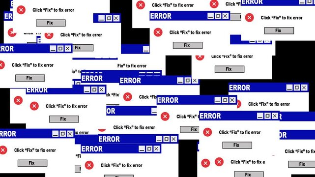 windows error popup glitch animation background video,system crash error windows pop up chaos animation,retro computer error spam glitch screen loop.