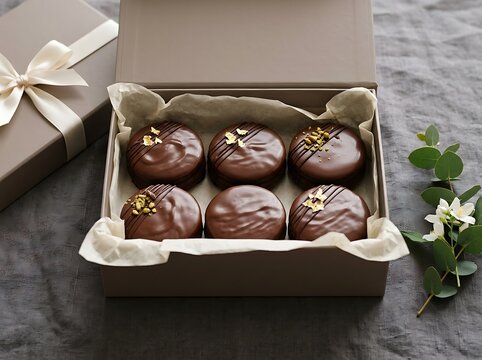 A premium gift box containing gourmet chocolate covered oreo cookies decorated with gold leaf and crushed pistachios, perfectly presented as a luxury treat
