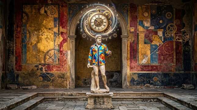 Ancient sculpture in bright shirt with hovering clock above head, bold backdrop, centered composition, surreal time concept