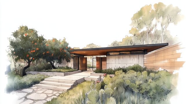 Modern watercolor of a stylish contemporary home with open entry, concrete and wood finishes, drought tolerant landscaping of succulents, cactus and citrus, minimalist eco design