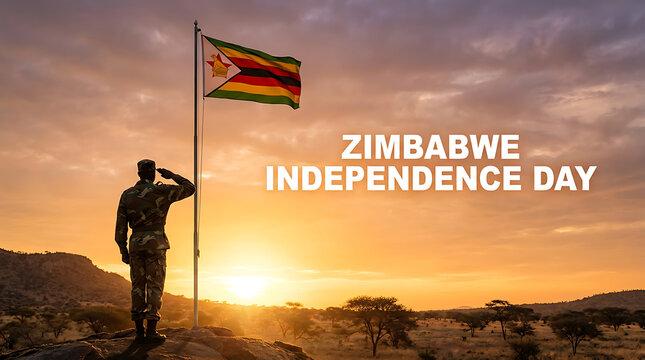 Soldier saluting zimbabwe flag on independence day at sunset with savannah landscape