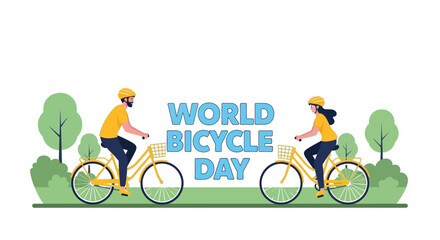 Naklejka premium Two cyclists ride bicycles and celebrate World Bicycle Day surrounded by nature and trees.