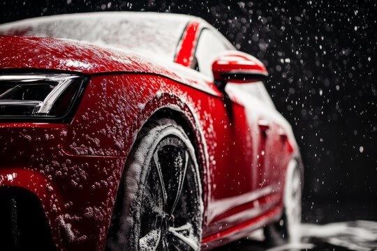 Red modern car covered in foam during a car wash on a black background with space for text