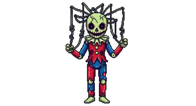 Creepy Clown Puppet with Spider Legs and Skull Face.