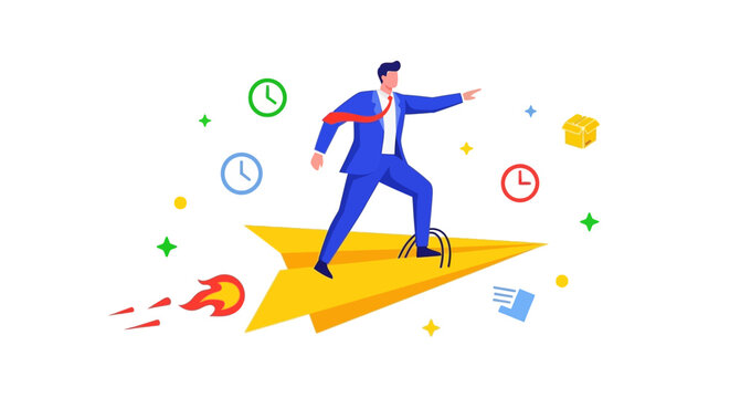 Businessman riding a paper airplane towards success and goals.