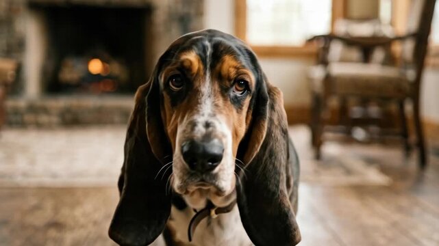 A full-length Basset Hound with long ears and soulful eyes, smooth coat texture and gentle endearing atmosphere, ultra-realistic, no logos.