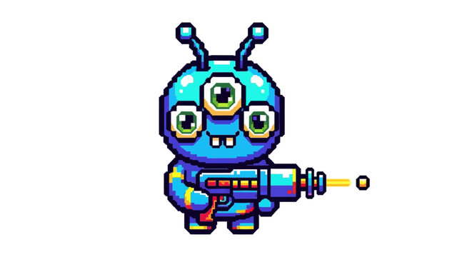 Cute Blue Alien Character Holding a Laser Gun.