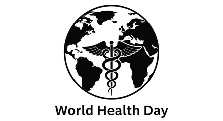 Fototapeta premium A black and white image depicting a globe with the caduceus symbol for world health
