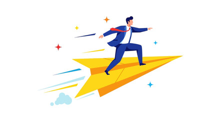 Fototapeta premium Businessman riding a yellow paper airplane with determination.