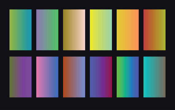 Vibrant gradient color palette, a collection of 12 modern abstract color transitions, smooth blend vector swatches for digital design, UI/UX, web backgrounds, and graphic projects