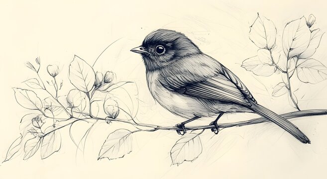Calm bird sketch framed by leaves in muted monochrome wallpaper