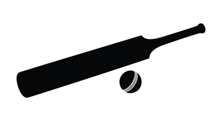 A striking black silhouette of a cricket bat and ball on white background © nhpvect02
