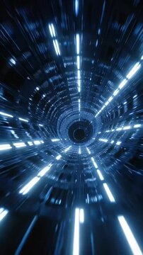 A futuristic blue tunnel with glowing lights accelerates toward a central portal.