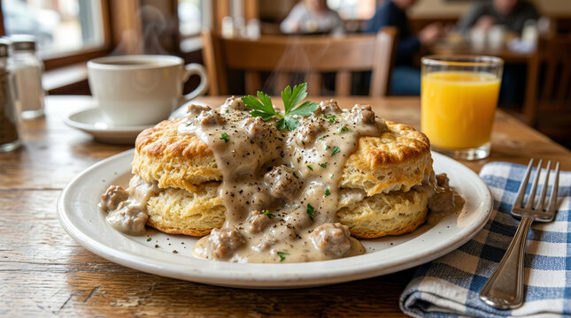 Southern-style biscuits and gravy on a white ceramic plate, featuring two golden, flaky buttermilk biscuits split and stacked, generously smothered in creamy sausage gravy