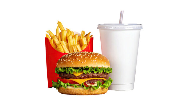 Delicious Fast Food Menu Featuring a Double Beef Cheeseburger, Crispy French Fries, and a Soft Drink in a White Cup Isolated on White Background