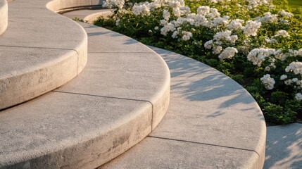 Obraz premium Curved concrete steps spiral through a serene garden, edged with lush green foliage and white blooms, bathed in warm sunlight that sculpts soft shadows and texture