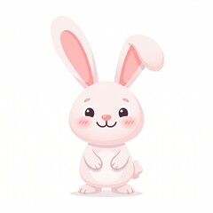 Obraz premium Cute cartoon white bunny with pink ears and cheerful smile isolated on plain background