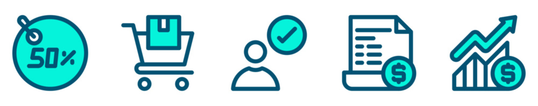 Conjunto de iconos de ventas. Representa comercio y transacciones. Incluye oferta, compra, cliente, ticket, &eacute;xito. Ilustraci&oacute;n vectorial