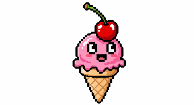 Cute Pixel Art Strawberry Ice Cream Cone with Cherry.