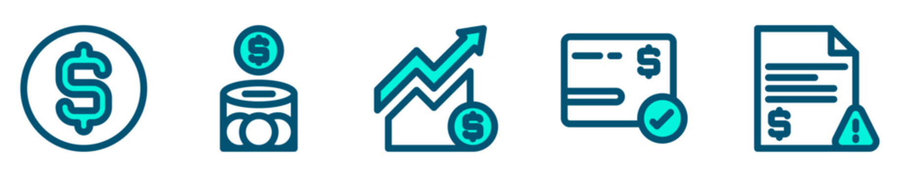Conjunto de iconos de finanzas. Representa gesti&oacute;n econ&oacute;mica. Incluye dinero, ahorro, inversi&oacute;n, pago, deuda. Ilustraci&oacute;n vectorial