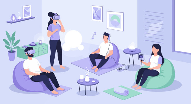 Group of friends enjoying virtual reality together.