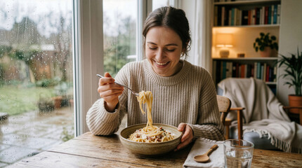 Young Caucasian woman eating spaghetti carbonara pasta at wooden table in cozy home interior on rainy day
