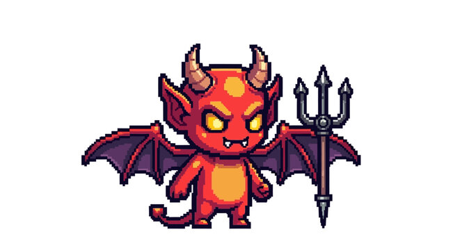 Cute Red Devil Character with Wings and Trident.