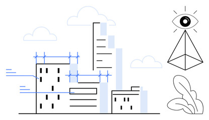 Naklejka premium Architecture, urban planning, construction, vision, creativity, modernity. Abstract city skyline under construction with geometric eye symbol and shapes. Architecture and urban planning concept