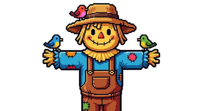 Cute Scarecrow Character with Birds on Arms and Hat.