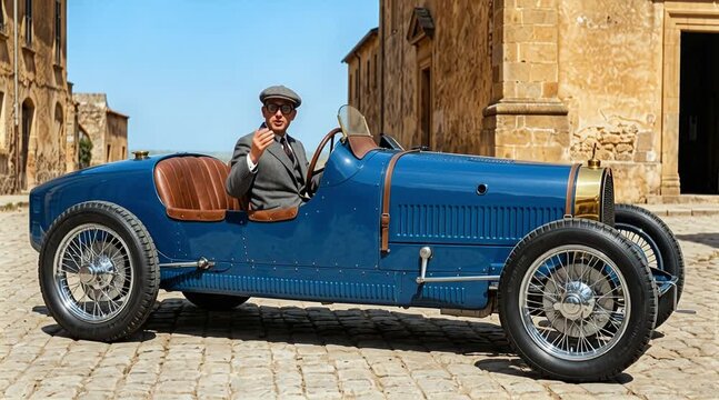 Conductor estacionado en un auto antiguo de 1920 en una calle de adoquines