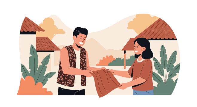 Smiling Indonesian couple exchanging goods in a village setting with traditional houses and lush greenery.